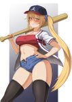  absurdres akita_neru atlanta_braves baseball_bat baseball_cap baseball_jersey black_thighhighs blonde_hair blue_hat bluedevil63 blush breasts collarbone commission commissioner_upload contrapposto crop_top denim denim_shorts gradient_background hair_between_eyes hair_ornament hair_scrunchie hand_on_own_hip hat highres holding holding_baseball_bat jersey long_hair looking_at_viewer medium_breasts navel non-web_source open_fly panties pixiv_commission red_panties red_shirt scrunchie shirt short_shorts shorts side_ponytail standing strapless thighhighs tube_top underwear very_long_hair vocaloid white_background yellow_eyes 