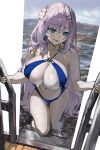  1girl absurdres blue_eyes blue_slingshot_swimsuit breasts flower hair_between_eyes hair_flower hair_ornament highres hololive hololive_indonesia huge_breasts long_hair looking_at_viewer navel pavolia_reine pool pool_ladder purple_hair slingshot_swimsuit solo swimsuit virtual_youtuber vyragami wet wet_hair 