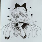 aino_minako bishoujo_senshi_sailor_moon bishoujo_senshi_sailor_moon_supers bow brooch choker circlet commentary_request gloves hair_bow heart heart_brooch heart_hands highres jewelry long_hair one_eye_closed open_mouth sailor_senshi_uniform sailor_venus smile star_(symbol) star_choker super_sailor_venus tani_gorira traditional_media white_gloves 