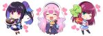  3girls :d ^_^ angel_beats! apron black_dress black_hair black_thighhighs blue_hair blue_sailor_collar blue_skirt blunt_bangs blush boots bow box brown_boots cake chestnut_mouth chibi chibi_only chocolate_cake closed_eyes closed_mouth colored_inner_hair commentary_request company_connection dress eyes_visible_through_hair facing_viewer food frilled_apron frills frown full_body gift green_bow green_eyes hair_bow hair_ribbon hairband happy heart heart-shaped_box heart-shaped_cake heart-shaped_food highres holding holding_gift japanese_clothes kamisama_ni_natta_hi karasuba_(prima_doll) key_(company) kimono long_hair long_sleeves looking_at_viewer maid maid_apron miniskirt multicolored_hair multiple_girls nakamura_hinato nakamura_yuri neckerchief nun open_mouth outstretched_arm pink_neckerchief pink_streaks pleated_skirt ponytail prima_doll_(anime) purple_eyes purple_hair purple_hairband purple_kimono red_ribbon ribbon sailor_collar sailor_shirt satou_hina_(kamisama_ni_natta_hi) shinda_sekai_sensen_uniform shirt sidelocks simple_background skirt smile standing streaked_hair thighhighs v-shaped_eyebrows valentine veil very_long_hair wa_maid white_apron white_background white_shirt white_veil wide_sleeves yellow_bow zettai_ryouiki 