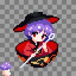  1girl bowl bowl_hat commentary_request hat highres japanese_clothes kimono long_sleeves mini_person minigirl pixel_art purple_hair red_eyes short_hair smile sukuna_shinmyoumaru takeez3 touhou wide_sleeves 