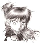  1girl checkered_clothes closed_mouth commentary english_commentary graphite_(medium) high_side_ponytail highres inuyasha lips long_hair portrait rin_(inuyasha) side_ponytail smile solo spelarminlind traditional_media 