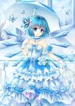  alternate_costume alternate_headwear bare_shoulders birdcage blue blue_eyes blue_flower blue_hair blue_rose bug butterfly cage cirno dress flower frills gloves gyaza hairband ice ice_wings insect parasol rose short_hair solo touhou umbrella white_flower white_gloves white_rose window wings 