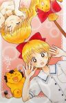  2girls ^_^ absurdres arms_up blonde_hair bow broom brown_eyes chappy_(hime-chan_no_ribbon) closed_eyes closed_mouth collared_shirt commentary_request creature erika_(hime-chan_no_ribbon) fukatsuki_mizuki hair_bow hands_on_own_face head_rest highres hime-chan_no_ribbon lens_flare long_hair looking_at_viewer multiple_girls nonohara_himeko open_mouth pokota_(hime-chan_no_ribbon) red_bow rotational_symmetry shirt short_hair short_sleeves signature smile traditional_media wavy_hair white_shirt 