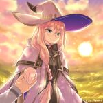  1girl absurdres aesc_(fate) aesc_(rain_witch)_(fate) blonde_hair blue_eyes braid cloak commentary english_commentary fate/grand_order fate_(series) fujimaru_ritsuka_(male) glasses hat highres just_dreamo long_hair long_sleeves looking_at_viewer pov robe round_eyewear single_braid smile solo_focus sun white_cloak white_robe witch_hat 