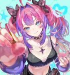  +_+ 1girl 8_utauyo absurdres ahoge applying_another's_makeup applying_makeup arm_warmers black_bra blue_eyes blurry blurry_foreground blush bra bra_over_clothes breasts closed_mouth clothing_cutout collarbone commentary_request crop_top cropped_shirt green_background hair_intakes heart highres hololive hololive_dev_is kikirara_vivi kikirara_vivi_(1st_costume) korean_commentary licking_lips long_hair long_sidelocks looking_at_viewer medium_breasts midriff multicolored_hair nail_polish navel pink_hair pink_nails pov purple_arm_warmers purple_hair shirt shoulder_cutout sidelocks simple_background smile solo star_(symbol) tongue tongue_out twintails two-tone_hair underwear very_long_hair virtual_youtuber white_shirt 