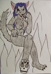  breasts canine claws eyes gimmeyourallmoney! grey_fur invalid_color sitting skull tongue tongue_out violet_hair 