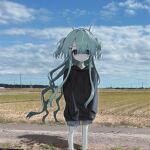  1girl alien alien_hair_ornament antennae black_hoodie cloud cloudy_sky commentary_request day feet_out_of_frame hayu_(hayu0305) highres hood hood_down hoodie long_bangs long_hair long_sleeves original outdoors rural shorts sky sleeves_past_fingers sleeves_past_wrists solo standing two_side_up 