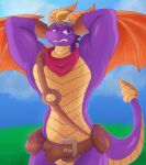 absurd_res activision anthro balloonist_spyro belt belt_pouch clothing dragon eyewear eyewear_on_head flexing gloves goggles goggles_on_head hand_on_head handwear hi_res horn kerchief leather leather_clothing limunada male male/male multicolored_body muscular muscular_anthro muscular_male mythological_creature mythological_scalie mythology neck_spikes neckerchief neckwear purple_body purple_eyes scalie solo spyro spyro_the_dragon wings 