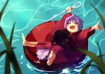  1girl =_= absurdres ahoge barefoot blush bowl caustics commentary_request day facing_viewer floating from_above from_side full_body grass hangaku_th happy highres in_bowl in_container japanese_clothes kimono mini_person minigirl needle obi open_mouth outdoors purple_hair red_kimono river sash short_hair solo stretching sukuna_shinmyoumaru sun_glare toes touhou water 