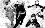  1boy 2girls absurdres angry black_suit candy charon_(project_moon) commentary eating ezra_(project_moon) food glasses hands_on_another's_neck hat highres holding holding_oar jacket limbus_company long_hair monochrome multiple_girls muscular muscular_male oar project_moon punching short_hair shrugging skirt suit the_distortion_detective the_g_(bhu204) thighhighs untranslatable_commentary vespa_crabro 