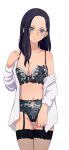  1girl absurdres black_bra black_garter_straps black_hair black_panties blue_eyes bra breasts cleavage commentary_request garter_straps highres lace lace_bra lace_panties large_breasts long_hair long_sleeves looking_at_viewer na-suke navel nico_robin one_piece open_clothes open_shirt panties see-through_clothes see-through_thighhighs shirt simple_background smile solo standing stomach thighhighs underwear variant_set white_background white_shirt 