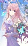  1girl arm_warmers bar_stool beads blue_butterfly blue_sky branch bug butterfly cherry_blossoms chest_jewel choker circlet closed_mouth commentary_request day dress falling_petals feet_out_of_frame floral_rebirth_(infinity_nikki) flower gem gown gradient_sky hair_beads hair_ornament happy highres infinity_nikki jiumo_(pixiv_32921912) lace lace_choker light_particles long_dress long_hair nikki_(series) outdoors petals pink_flower pink_gem pink_hair purple_arm_warmers purple_dress purple_eyes see-through_clothes see-through_veil sky smile solo stool strapless strapless_dress veil very_long_hair white_choker white_veil 