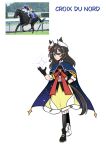  1girl animal_ears black_gloves blush bow character_name closed_mouth commentary croix_du_nord_(racehorse) ear_ribbon english_commentary gloves hair_between_eyes hair_ornament highres horse_ears horse_girl horse_tail long_hair one_of_agnes_digital original shoes skirt smile solo tail umamusume 