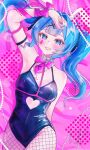  1girl absurdres animal_ears aqua_eyes aqua_hair arm_ribbon armpits bare_arms bare_shoulders bed_sheet black_leotard black_ribbon blue_eyes blue_hair blunt_bangs blush bow bowtie breasts card cleavage clothing_cutout collarbone cutout_above_navel detached_collar eyelashes facial_mark fake_animal_ears fishnet_pantyhose fishnets grin hair_ornament hair_ribbon hatsune_miku heart_cutout highres leotard long_hair looking_at_viewer lying medium_breasts narrow_waist necktie object_in_bra on_back pantyhose pink_background pink_bow pink_necktie pink_ribbon playboy_bunny playing_card rabbit_ears rabbit_hole_(vocaloid) revision ribbon sakanoi_noa short_necktie smile solo string_of_pearls teardrop_facial_mark twintails vocaloid wavy_sidelocks x_hair_ornament 