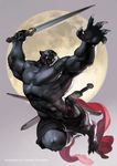  anthro belt biceps black_fur claws clothed clothing fangs feline flexing full_moon fur grey_background half-dressed hi_res male mammal moon muscles open_mouth panther pecs plain_background red_scarf scarf shorts solo sword tongue topless torn_clothing toshiaki_takayama triceps weapon yellow_eyes 