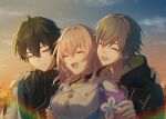  1girl 2boys artist_name black_choker black_coat black_gloves black_hair black_shirt blue_jacket blue_sky breasts buttons caelus_(honkai:_star_rail) chinese_clothes choker closed_eyes closed_mouth cloud cloudy_sky coat collarbone collared_shirt commentary_request dan_heng_(honkai:_star_rail) dan_heng_(hunt)_(honkai:_star_rail) earclip earrings evening eyeliner fingerless_gloves fingernails flower flower_ornament gloves grabbing_another's_arm gradient_sky grey_hair hair_between_eyes hand_on_another's_back hand_on_another's_shoulder happy highres honkai:_star_rail honkai_(series) hood hooded_coat jacket jewelry lapels makeup march_7th_(honkai:_star_rail) march_7th_(preservation)_(honkai:_star_rail) medium_breasts multiple_boys open_clothes open_coat open_jacket open_mouth outdoors pink_hair rainbow red_eyeliner rune_(rne_at) shirt short_hair sidelocks single_earring sky smile tearing_up teeth tongue trailblazer_(honkai:_star_rail) two-sided_coat two-sided_fabric upper_body white_flower white_shirt yellow_coat yellow_sky zipper 