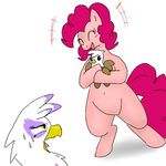  avian beak cute equine eyes_closed female feral friendship_is_magic gilda_(mlp) gryphon hair horse kushina13 mammal my_little_pony pink_hair pinkie_pie_(mlp) plain_background pony smile white_background yellow_eyes 