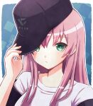  1girl aikawa_megumi black_hat closed_mouth commentary_request green_eyes hat heaven_burns_red highres holding holding_unworn_clothes holding_unworn_hat looking_at_viewer pink_hair shirt toyatopa twitter_username unworn_hat unworn_headwear upper_body white_shirt 