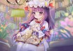  blue_bow blush book bookshelf bow breasts cleavage closed_mouth commentary crescent crescent_hat_ornament dated dated_commentary dress flower hair_bow hat hat_bow hat_ornament indoors kevn long_hair long_sleeves medium_breasts mob_cap multiple_hair_bows patchouli_knowledge plant purple_dress purple_eyes purple_hair purple_robe reading red_bow robe signature smile striped_clothes striped_dress thighhighs touhou twintails vertical-striped_clothes vertical-striped_dress very_long_hair white_hat white_thighhighs 