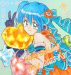  1girl arm_strap balloon birthday black_gloves blue_bow blue_hair bow character_name closed_mouth commentary_request dated dress from_side fukatsuki_mizuki gloves green_eyes hair_bow hand_up happy_birthday hatsune_miku heart_balloon highres leaning_forward looking_at_viewer looking_to_the_side orange_dress signature sleeveless sleeveless_dress smile solo star_balloon traditional_media turning_head twintails upper_body v vocaloid 