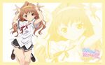  armpits bow bowtie brown_eyes brown_hair copyright_name frame hairband highres kawamura_kousuke kneeling light_smile loafers logo long_hair looking_at_viewer miniskirt official_art onii-chan_dakedo_ai_sae_areba_kankeinai_yo_ne pose school_uniform shoes skirt solo takanomiya_arisa wallpaper zoom_layer 