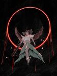  1girl absurdres arm_cannon atom bird_wings black_background black_boots boots bow breasts brown_wings cape chest_eye commentary control_rod_(touhou) falling_feathers feathered_wings feathers full_body green_bow green_skirt hair_bow highres large_breasts long_hair looking_at_viewer midriff navel reiuji_utsuho shirt short_sleeves single_bare_foot skirt solo third_eye touhou weapon white_cape white_shirt wings wwo3302 