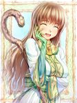  400 :d ^_^ bad_id bad_pixiv_id brown_hair closed_eyes dress elbow_gloves gloves green_gloves jewelry long_hair necklace open_mouth original smile solo staff teeth 