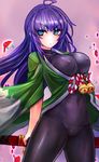  7th_dragon 7th_dragon_(series) :&lt; ahoge bell blue_eyes bodysuit breasts cameltoe gradient_hair highres japanese_clothes jingle_bell katana kouhaku_nawa large_breasts long_hair multicolored_hair pubic_hair purple_hair ran_(7th_dragon) samurai_(7th_dragon) see-through sheath sheathed solo sword taishi_(picchiridou) weapon 