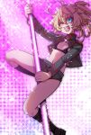  1girl adapted_costume black_bra blonde_hair blue_eyes boots bra breasts commentary_request cross green_shorts green_shrug hair_between_eyes hal_(goshujinomocha) highres holding holding_pole iron_cross jacket long_hair long_sleeves looking_at_viewer medal midriff military_uniform navel one_eye_closed open_mouth pole pole_dancing ponytail shorts shoulder_boards shrug_(clothing) small_breasts smile solo stripper stripper_pole tanya_degurechaff underwear youjo_senki 