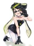  1girl armpit_crease black_boots black_dress black_gloves boots bow-shaped_hair callie_(alterna)_(splatoon) callie_(splatoon) collarbone commentary_request dress food food_on_head gloves highres inkling jajanome long_hair mole mole_under_eye object_on_head one_eye_closed open_mouth pantyhose short_eyebrows smile solo splatoon_(series) splatoon_3 strapless strapless_dress sushi teeth tentacle_hair thick_eyebrows very_long_hair white_background white_pantyhose yellow_eyes 