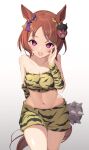  1girl absurdres animal_ears animal_print blush breasts brown_hair club_(weapon) collarbone commentary_request cowboy_shot crop_top flower_in_eye highres holding holding_club holding_weapon horse_ears horse_girl horse_tail looking_at_viewer mask medium_breasts navel oni_costume oni_mask open_mouth purple_eyes sakura_laurel_(oni_laurel)_(umamusume) sakura_laurel_(umamusume) short_hair shorts shuten_(shutehaan) simple_background smile solo spiked_club strapless symbol_in_eye tail textless_version tiger_print tube_top umamusume umamusume:_star_blossom weapon white_background yellow_shorts yellow_tube_top 