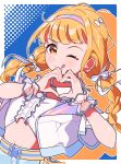  1girl blonde_hair blush center_frills commentary_request frills fujita_kotone gakuen_idolmaster hair_ribbon heart heart_hands highres idol idol_clothes idolmaster long_hair looking_at_viewer navel one_eye_closed ribbon shirt solo stomach tongue tongue_out upper_body white_ribbon white_shirt wrist_cuffs yairo_ju yellow_eyes 