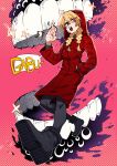  1girl ahoge ben-day_dots black_boots blonde_hair boots braid commentary_request demon gabriel_(yomi_no_tsugai) gabu_(yomi_no_tsugai) hand_in_pocket highres hood hoodie korean_commentary purple_eyes red_hoodie screentones speech_bubble teeth twin_braids yomi_no_tsugai yukiyuki_(uki_bill4744) 