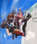  2girls absurdres animal_ears ascot bandaid bandaid_on_face bandaid_on_nose black_gloves black_hair blue_sky boots breasts brown_hair clash clock cloud crossed_swords ear_covers fighting fingerless_gloves flower-shaped_pupils flower_in_eye gloves highres holding holding_sword holding_weapon horse_ears horse_girl horse_tail katana komoro_paint777 long_hair looking_at_viewer multiple_girls narita_brian_(hungry_wolves)_(umamusume) narita_brian_(umamusume) official_alternate_costume open_mouth pink_ascot pink_eyes pink_vest ponytail puffy_short_sleeves puffy_sleeves purple_eyes sakura_laurel_(saisir_le_reve)_(umamusume) sakura_laurel_(umamusume) shirt short_hair short_sleeves shorts single_ear_cover single_fingerless_glove sky sleeveless_robe smile sword sword_clash sword_fight symbol-shaped_pupils symbol_in_eye tail teeth umamusume vest weapon white_boots white_shorts yellow_eyes 