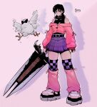  1girl artist_name balgitt bird black_hair bow bowtie breasts bucky_(chainsaw_man) chainsaw_man chicken hair_between_eyes headless highres long_hair mitaka_asa ribbon shirt signature simple_background sword twitter_username weapon 
