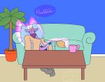  2_horns absurd_res anthro beverage blonde_mane blue_body blue_ears blue_paws blue_wings bottomwear breasts breath cheek_tuft clothing container cup curved_horn dewlap_(anatomy) dialogue dipstick_tail dragon english_text eyebrows eyelashes eyes_closed facial_tuft fairy_dragon feathered_wings feathers featureless_breasts female fluffy fluffy_ears fur furniture furred_dragon furred_scalie hi_res horn inside lizard long_eyelashes lying lying_on_sofa magic mane markings multicolored_body multicolored_fur mythological_creature mythological_scalie mythology on_back on_sofa onomatopoeia oversized_bottomwear oversized_clothing oversized_pants oversized_shirt oversized_topwear pants petal_(dapperhedgehog) pink_body pink_fur plant plant_pot pointy_ears potted_plant prick_ears purple_body purple_fur reptile robynsnowyfoxxo scalie shirt shrinking shrinking_out_of_clothes size_transformation sofa solo sound_effects speech_bubble table tail tail_mane tail_markings tapering_tail text topwear transformation tuft two_tone_body winged_dragon wings 