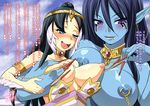  ahegao blue_eyes blue_hair blue_skin blush braid breasts djinn_equip genie giantess huge_breasts lip_piercing long_hair magi_the_labyrinth_of_magic mole multiple_girls nanakagi_satoshi nipple_piercing nipple_pull nipples paimon piercing ren_hakuei size_difference translation_request yuri 