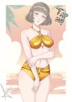  1girl artist_logo bare_shoulders beach bikini blunt_bangs blush border braid breasts brown_hair commentary crown_braid english_commentary gold_bikini highres logo looking_at_viewer medium_breasts meme midriff navel niijima_makoto o-ring o-ring_bikini ocean orange_sky palm_leaf persona persona_5 red_draws5 red_eyes short_hair sky smile solo swimsuit tap_me_(meme) twilight white_border 