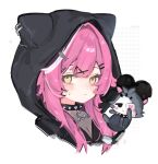  1girl 1other :< alternate_costume alternate_hairstyle animal_ear_hood animal_ears artist_name black_fur black_hoodie black_streaks blush breasts chain chattino_(raora_panthera) choker cleavage closed_mouth collar commentary cropped_shoulders dot_nose double-parted_bangs embarrassed eyebrows_hidden_by_hair eyepatch fish_skeleton_hair_ornament goth_fashion grey_fur hair_intakes hair_ornament hairclip heart highres hololive hololive_english hood hood_up hoodie light_frown long_hair looking_at_viewer looking_to_the_side medical_eyepatch multicolored_hair panther_ears panther_girl parallel_hairclips pink_hair plaid_background raora_panthera raora_panthera_(goth) rinrihime see-through_cleavage see-through_clothes sidelocks sideways_glance sparkle spiked_choker spiked_collar spikes streaked_hair sweatdrop swept_bangs untranslatable_commentary virtual_youtuber white_background white_streaks yellow_eyes 