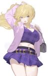  1girl bag blonde_hair blue_eyes blush breasts cleavage commentary_request handbag highres idolmaster idolmaster_cinderella_girls jacket large_breasts long_hair looking_at_viewer midriff navel ohtsuki_yui open_clothes open_jacket open_mouth purple_jacket purple_shirt purple_skirt shirt skirt smile solo sorotu thighs wavy_hair wavy_sidelocks 