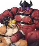 abs ambiguous_species anthro armor balls barazoku bdsm beard black_balls blonde_beard blonde_facial_hair blonde_hair blonde_pubes body_hair canid canine canis chastity_cage chastity_device chest_hair collar cuffs_(object) domestic_dog duo erection facial_hair foreskin genital_piercing genitals hair half-erect hands_behind_back happy harness head_grab headgear helmet hi_res humanoid_genitalia humanoid_penis inkpaintinglong ladder_piercing male male/male mammal mask muscular nipple_piercing nipple_ring nipples nude penile_spines penis penis_piercing penis_size_difference piercing prince_albert_piercing pubes red_body retracted_foreskin ring_piercing sitting size_difference tongue tongue_out vein veiny_muscles white_pubes