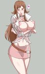  akana_rui areolae belt blush breast_squeeze breasts brown_hair chousoku_henkei_gyrozetter erect_nipples green_eyes heart highres large_breasts long_hair looking_at_viewer naughty_face nipples no_bra skirt solo standing steam sweat thighhighs tongue tongue_out uya_(yurukah) 