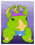 arm_hair belly belly_hair big_breasts blonde_hair body_hair bottomwear breasts buckteeth clothing digital_drawing_(artwork) digital_media_(artwork) erect_nipples flat_colors flexing flexing_bicep fur green_body green_fur hair hair_over_eye hairy_legs huge_breasts intersex lagomorph leporid mammal nenanauso nipples overweight rabbit shirt shirt_up shorts simple_background t-shirt teeth topwear torn_clothing yellow_eyes