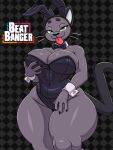 2026 3:4 4_fingers absurd_res anthro beat_banger bedroom_eyes big_breasts black_background black_body black_bow_tie black_claws black_clothing black_ears black_eyebrows black_finger_claws black_fur black_nose black_tail blep bow_ribbon bow_tie breasts bunfan_games bunny_costume cathy_smith checkered checkered_background claws cleavage clothed clothed_anthro clothed_female clothing costume curvy_figure digital_media_(artwork) domestic_cat eyebrows eyelashes eyewear fake_ears fake_rabbit_ears felid feline felis female female_anthro finger_claws fingers fur glasses green_eyes grey_background grey_body grey_fur half-closed_eyes hand_on_breast hand_on_own_breast hi_res lidded_eyes looking_at_viewer mammal multicolored_body multicolored_ears multicolored_fur narrowed_eyes navel_outline pattern_background pink_tongue pupils round_glasses seductive shirt_collar shirt_cuffs simple_background skay_smidyth_samuel smile smiling_at_viewer solo standing tail thick_thighs tongue tongue_out voluptuous voluptuous_anthro voluptuous_female whisker_spots whiskers white_inner_ear wide_hipped_anthro wide_hipped_female wide_hips