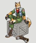 2026 anthro barefoot belt boots bottomwear box canid canine claws clothed clothing container crate dipstick_tail discarded_clothing discarded_footwear eyebrows feet footwear fox fox_mccloud fur gloves grey_background hair handwear headgear hell_oart hi_res kerchief male mammal markings neckerchief neckwear nintendo one_boot_on open_clothing open_mouth open_smile open_topwear pants pawpads plantigrade plantigrade_pawpads shirt shoes signature simple_background sitting smile soles solo star_fox tail tail_markings teeth topwear tuft