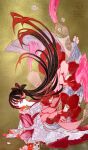  1girl absurdres acrylic_gouache_(medium) black_hair camellia commentary_request floating_hair floral_print flower highres japanese_clothes kimono long_hair looking_at_viewer original petals pink_eyes ponytail print_kimono shiguretau skull smile traditional_media very_long_hair 
