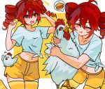  1girl aki_achimara_xd alternate_costume animal_hug bird birdbrain_(synthesizer_v) chicken chicken_(food) chicken_leg food fried_chicken hungry kasane_teto multiple_views red_eyes red_hair shirt shorts synthesizer_v tied_shirt white_shirt yellow_shorts 