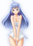  apron apron_tug blue_eyes blue_hair breasts cleavage embarrassed frown headband kouun medium_breasts naked_apron original solo 