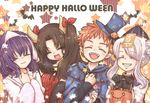  3girls ^_^ bad_id bad_pixiv_id brown_hair child closed_eyes emiya_shirou fangs fate/zero fate_(series) food_themed_hair_ornament hair_ornament halloween happy_halloween hat horns illyasviel_von_einzbern jiangshi long_hair matou_sakura minnnaorenoyome multiple_girls orange_hair pumpkin_hair_ornament purple_eyes purple_hair short_hair toosaka_rin top_hat triangular_headpiece twintails white_hair younger 